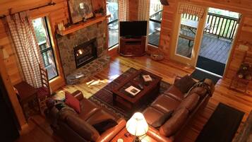 TV connectée, cheminée, lecteur de DVD, livres