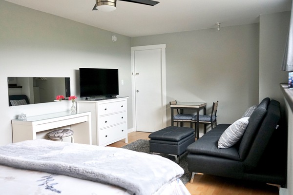 Comfortable bedroom, living room space.