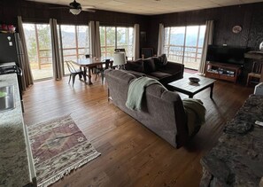 Smart TV, fireplace, books