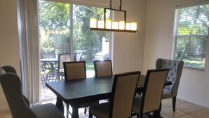 Un coin repas avec une table et des chaises en bois foncé, un luminaire suspendu et de grandes fenêtres équipées de stores.