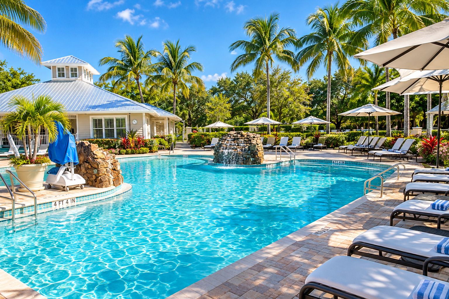A swimming pool with lounge chairs and umbrellas, surrounded by palm trees and a building with a blue roof.
