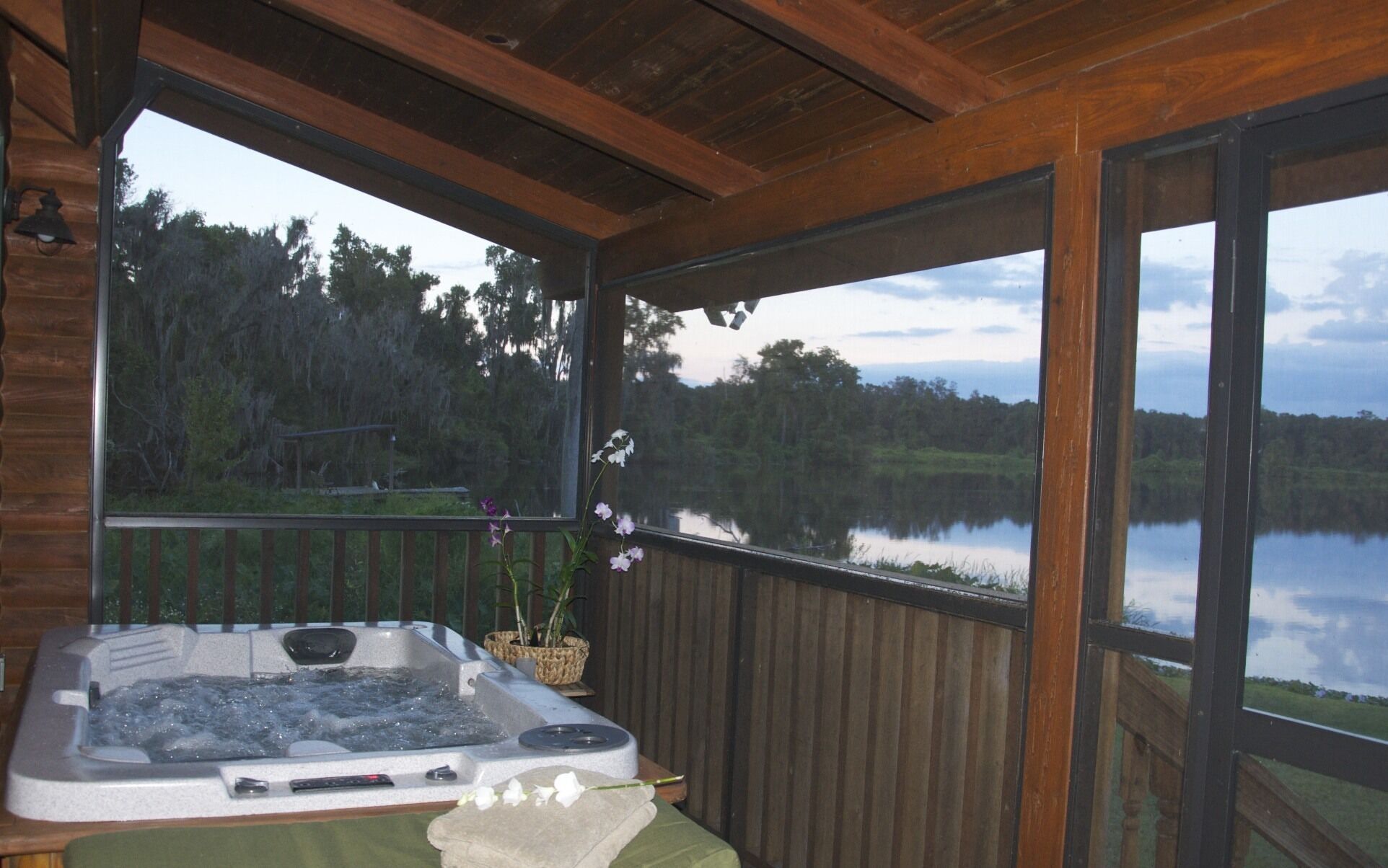The front porch with a two person hot tub that has an outstanding view!
