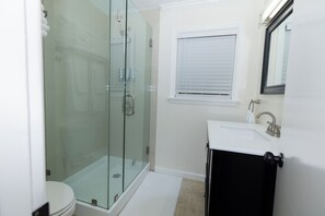 Hair dryer, towels, soap, shampoo