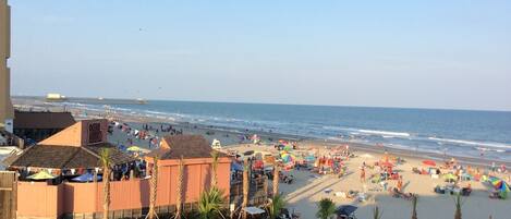 On the beach, sun loungers