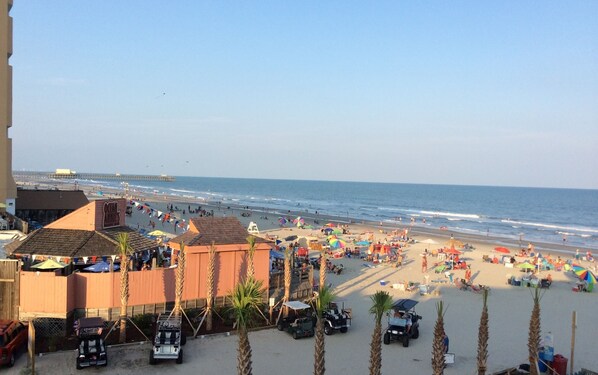 On the beach, sun loungers