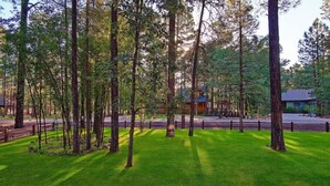 Une zone boisée avec un sentier pavé, une clôture en bois et un bâtiment en arrière-plan.