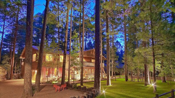 Un chalet entouré de grands arbres, au crépuscule.