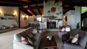Smart TV, fireplace, DVD player, books