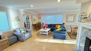 Smart TV, fireplace, video games, DVD player
