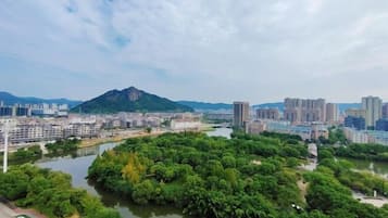 A river with dense greenery on one side and a cityscape with buildings and a mountain in the background.
