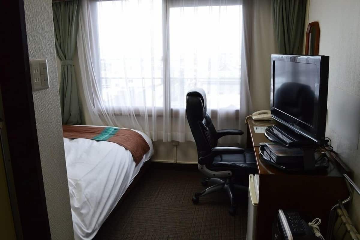 A hotel room with a bed, a desk with a television, a chair, and a window with curtains.