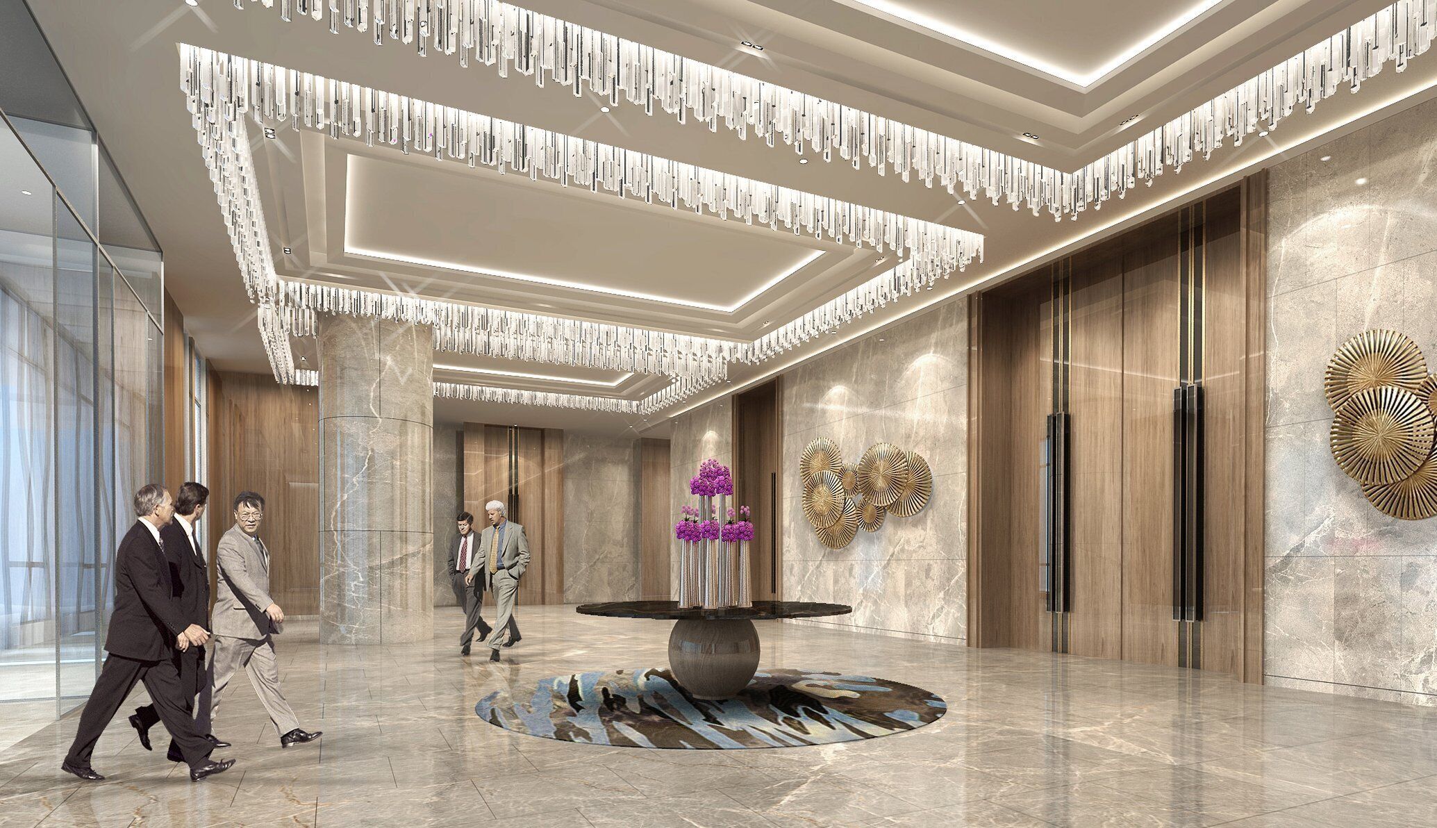 A modern lobby with a marble floor, a central decorative table, and a unique ceiling design.