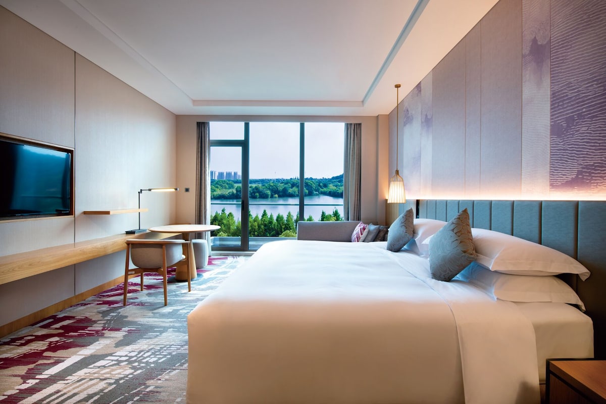 Habitación de hotel con una cama grande, un escritorio, una silla, un televisor y vistas a un lago y al horizonte de la ciudad.
