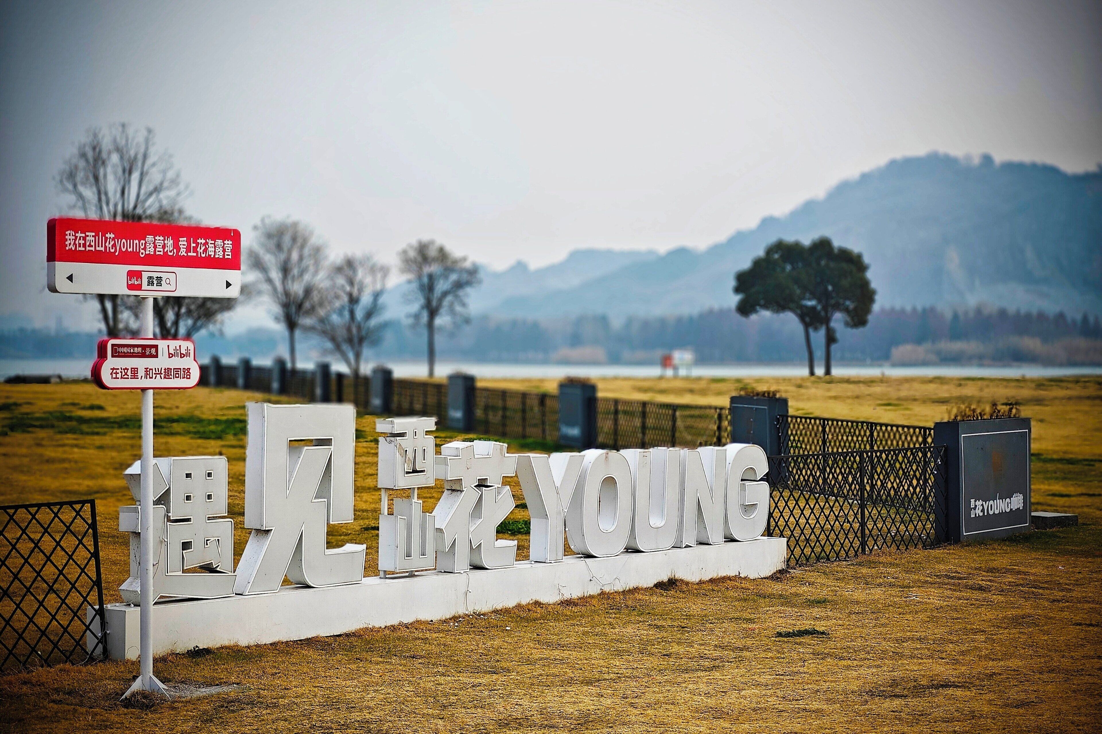 Un panneau avec le mot « YOUNG » écrit en grandes lettres, un panneau indicateur et une zone délimitée par une clôture, avec des arbres et des montagnes en arrière-plan.