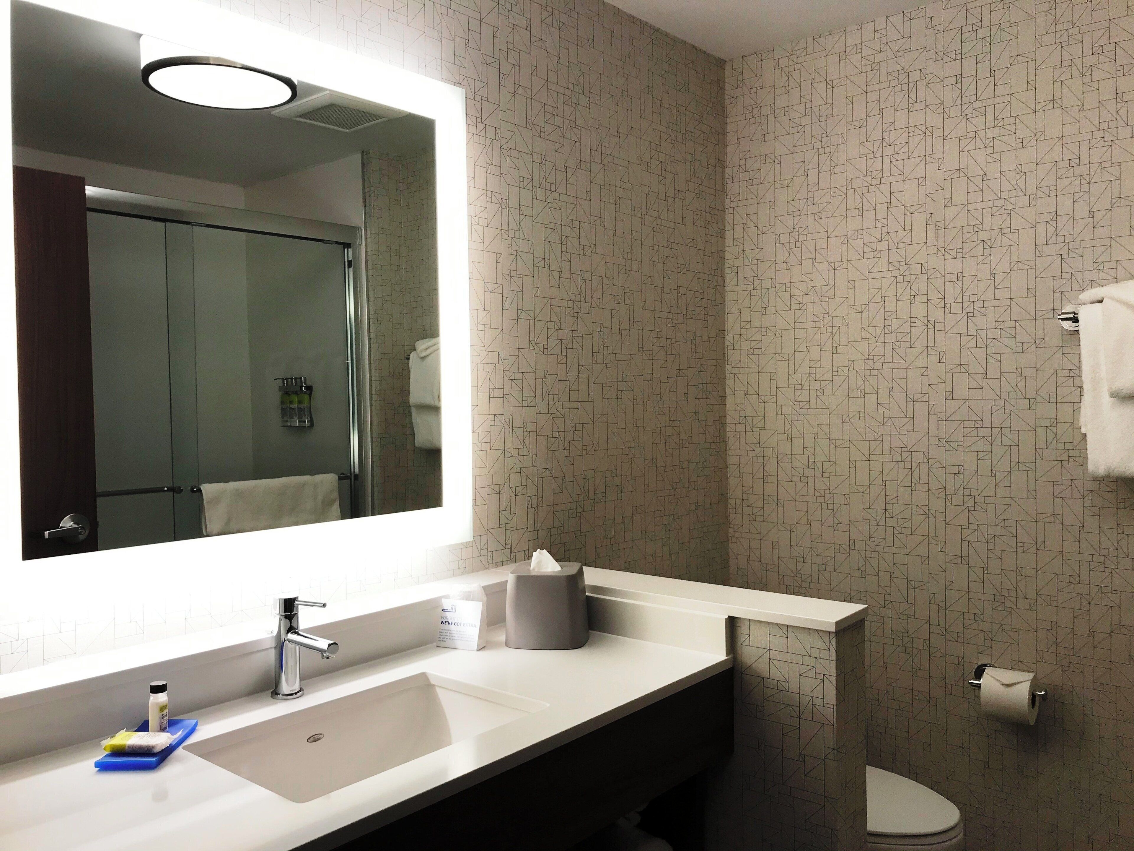 Un baño con un espejo grande, un lavabo, un inodoro y una ducha que se ve en el reflejo.