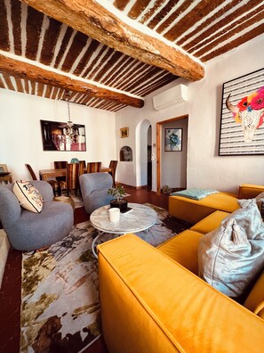 TV connectée, cheminée, livres, chaîne hi-fi
