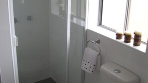Dusch, handdukar, tvål och toalettpapper