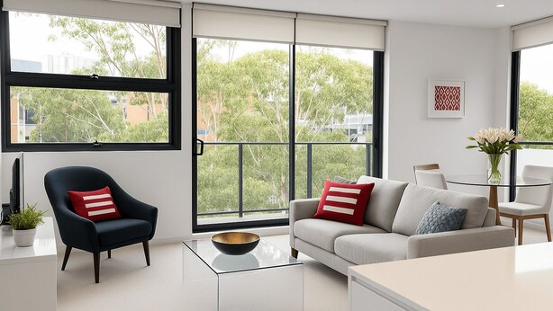 A modern living room with a sofa, armchair, and a glass coffee table.
