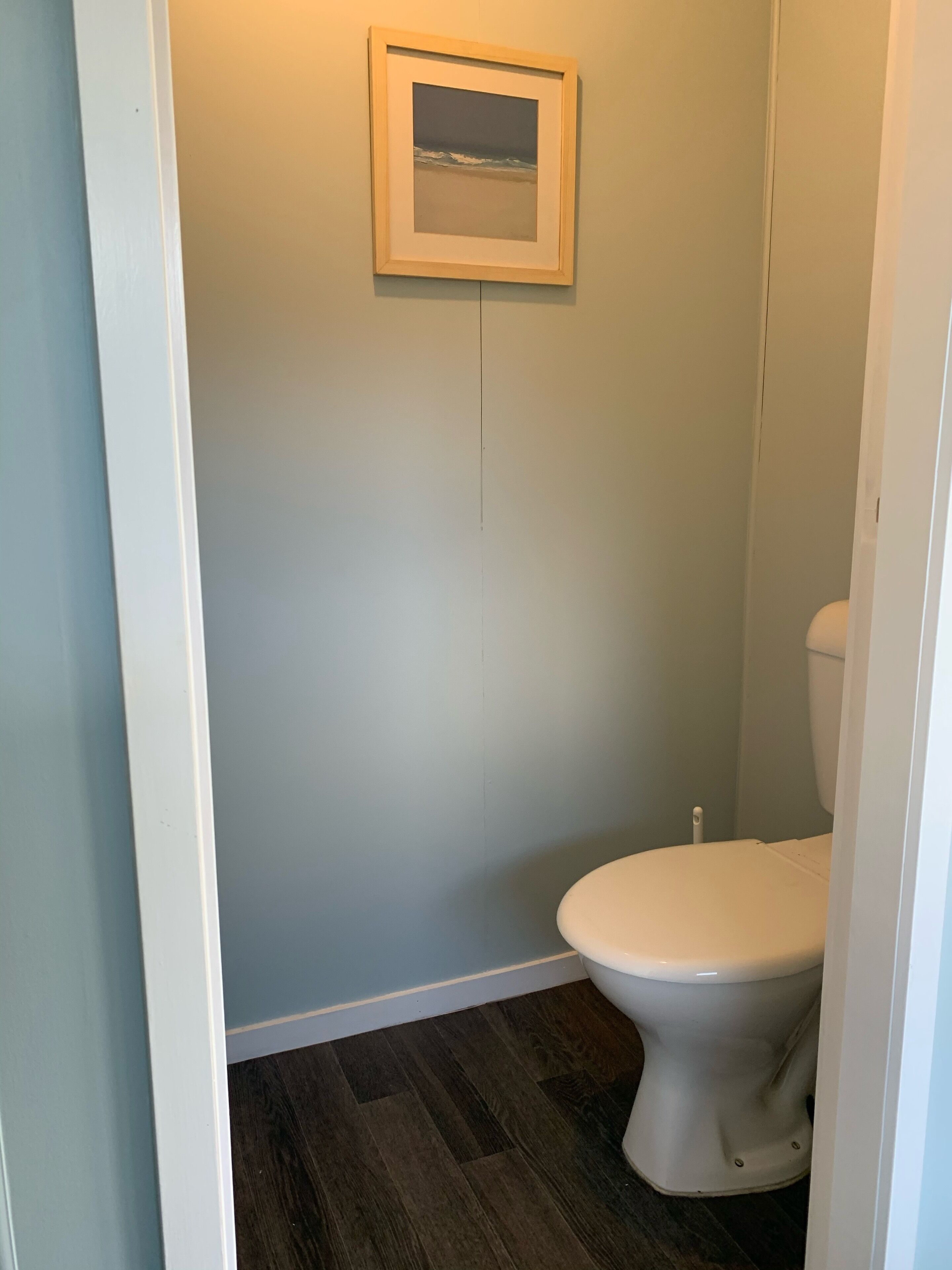 Une salle de bain avec des toilettes, un plancher en bois foncé et un tableau encadré accroché au mur.