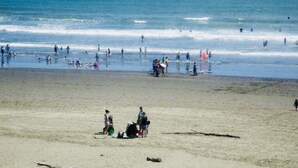 Ein Strand mit Menschen, die im Sand laufen und stehen, und dem Meer im Hintergrund.