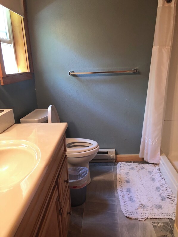 A bathroom with a toilet, sink, and a towel rack.