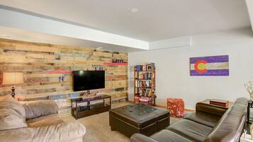 Smart TV, lareira, DVD player, livros