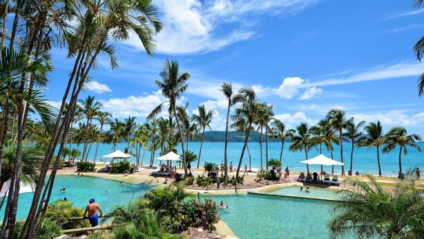 A resort with a large pool surrounded by palm trees and beach umbrellas, overlooking a clear blue ocean.