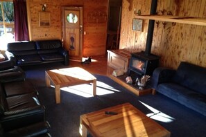 Tv, eldstad, dvd-spelare och en stereo