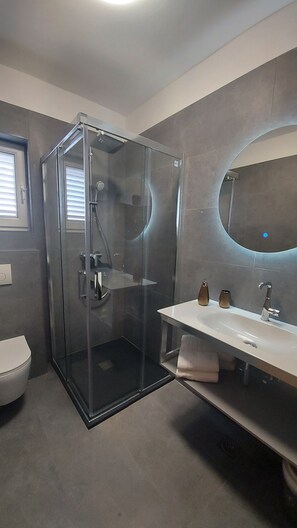 Shower, hair dryer, bidet, towels