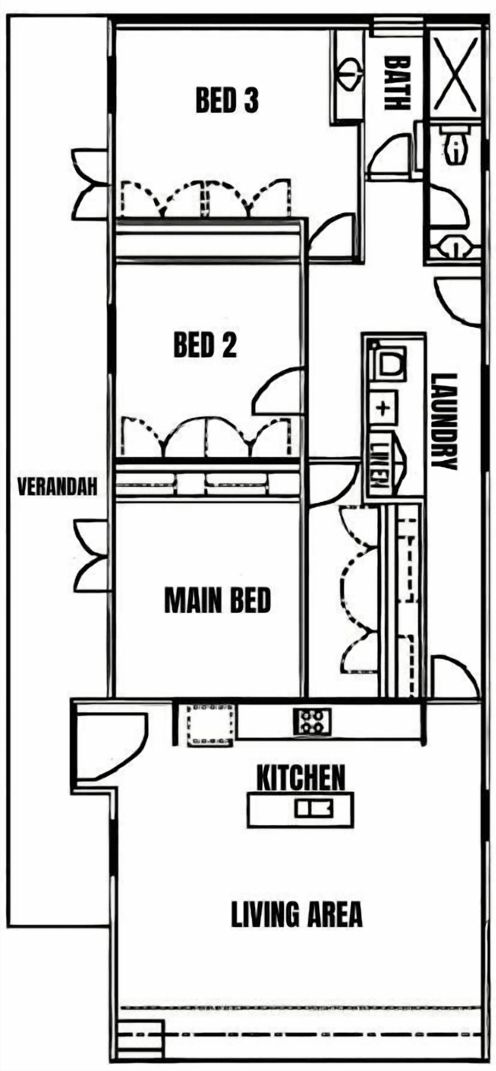 Un plan d’étage comprenant trois chambres, une cuisine, un espace de vie et une salle de bain.