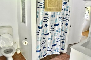 Hair dryer, towels, soap, toilet paper