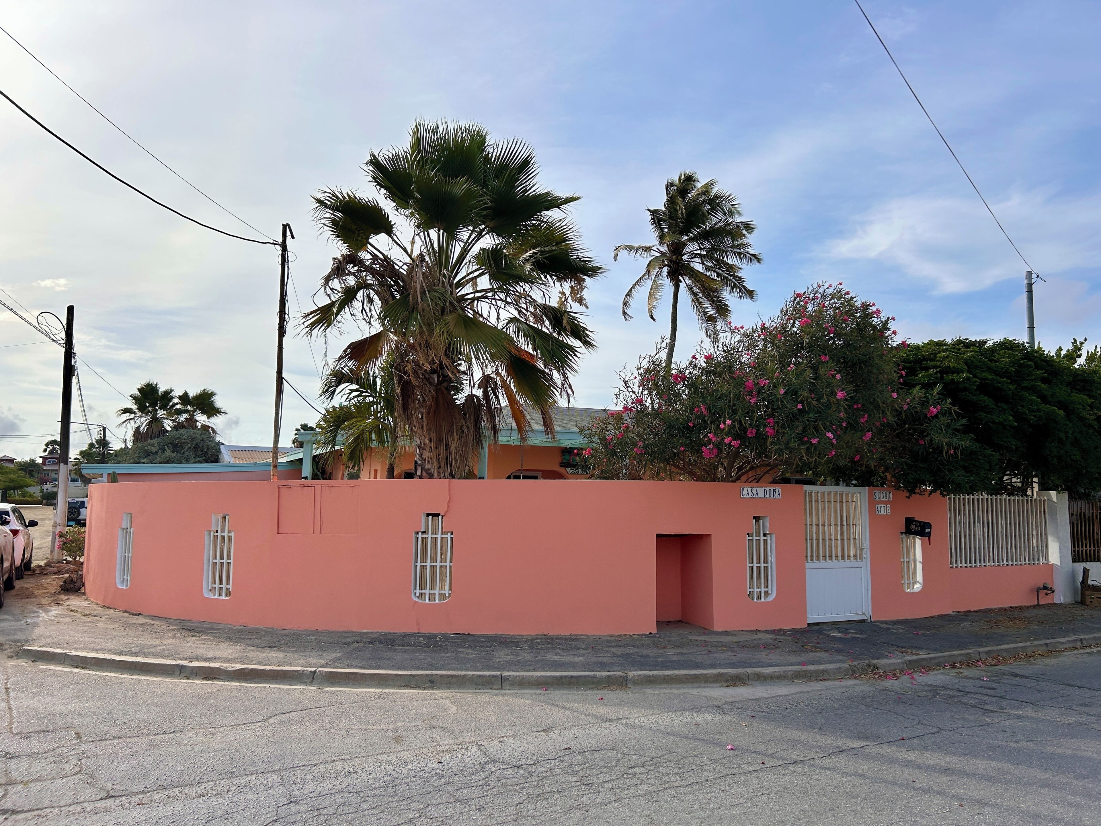 Un bâtiment rose avec une entrée fermée par un portail, des palmiers et un ciel dégagé.