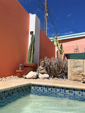 A pool with clear blue water, surrounded by potted cacti and a decorative statue.