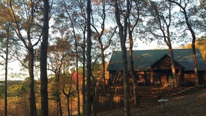 A rustic cabin with a metal roof, surrounded by tall trees and a wooden deck. - Beautiful and roomy two bed, two bath cabin nestled in the Kiamichi Mountains (Hodgen)