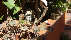 A Buddha statue surrounded by plants and a glass container on a ledge. - Room with a View! Stay LOVE PLAY on the beach in Isabela, between Jobos & Shacks (Isabela)