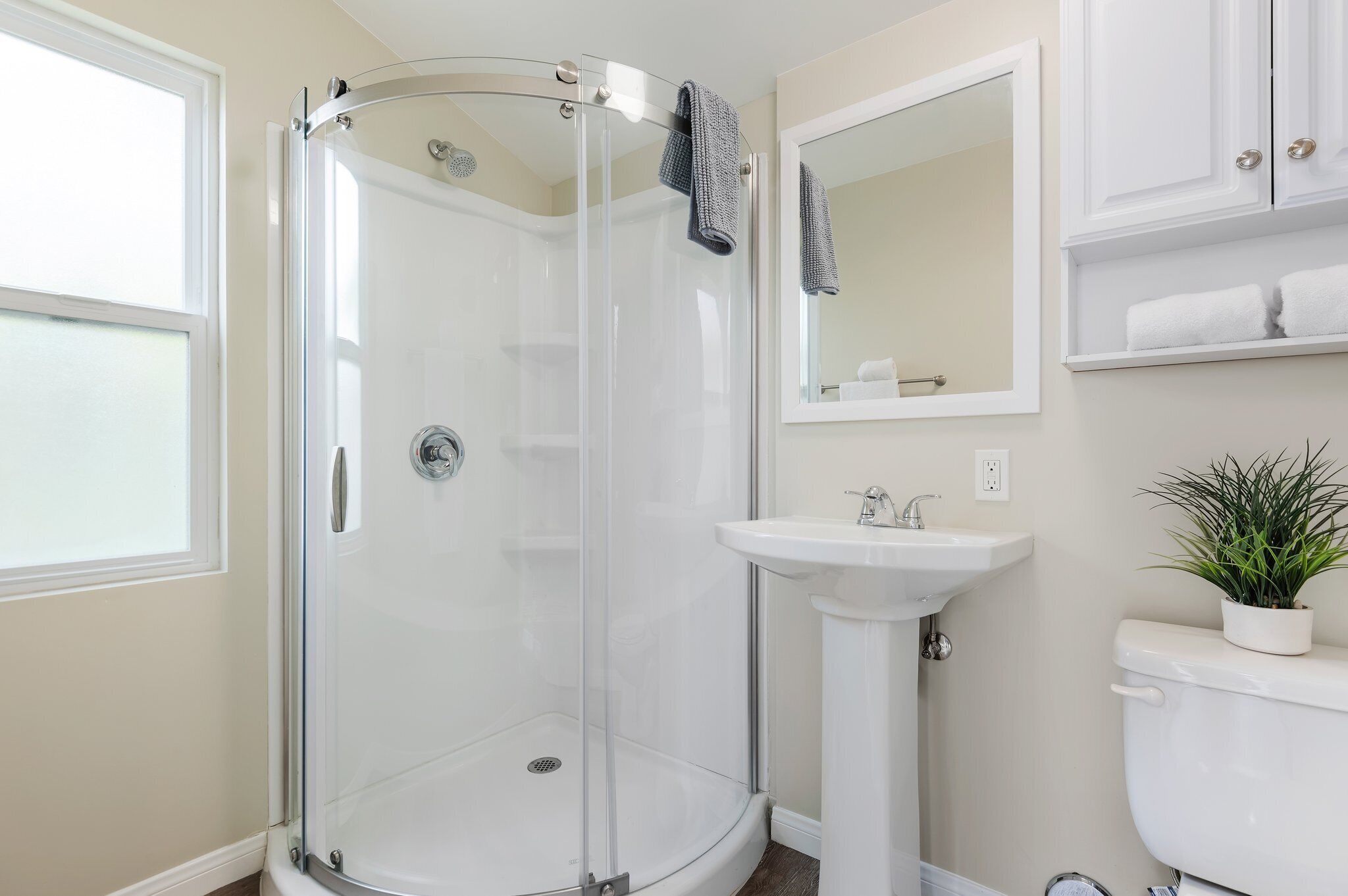 Un baño moderno con ducha de vidrio, lavamanos pedestal y un inodoro con planta en maceta.