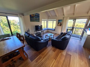 Flat-screen TV, DVD player, stereo