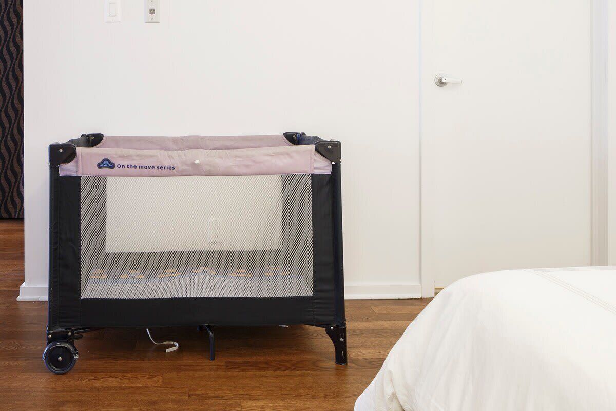 1 bedroom, desk, iron/ironing board, travel cot