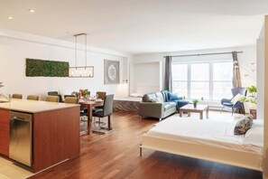 1 bedroom, desk, iron/ironing board, travel cot