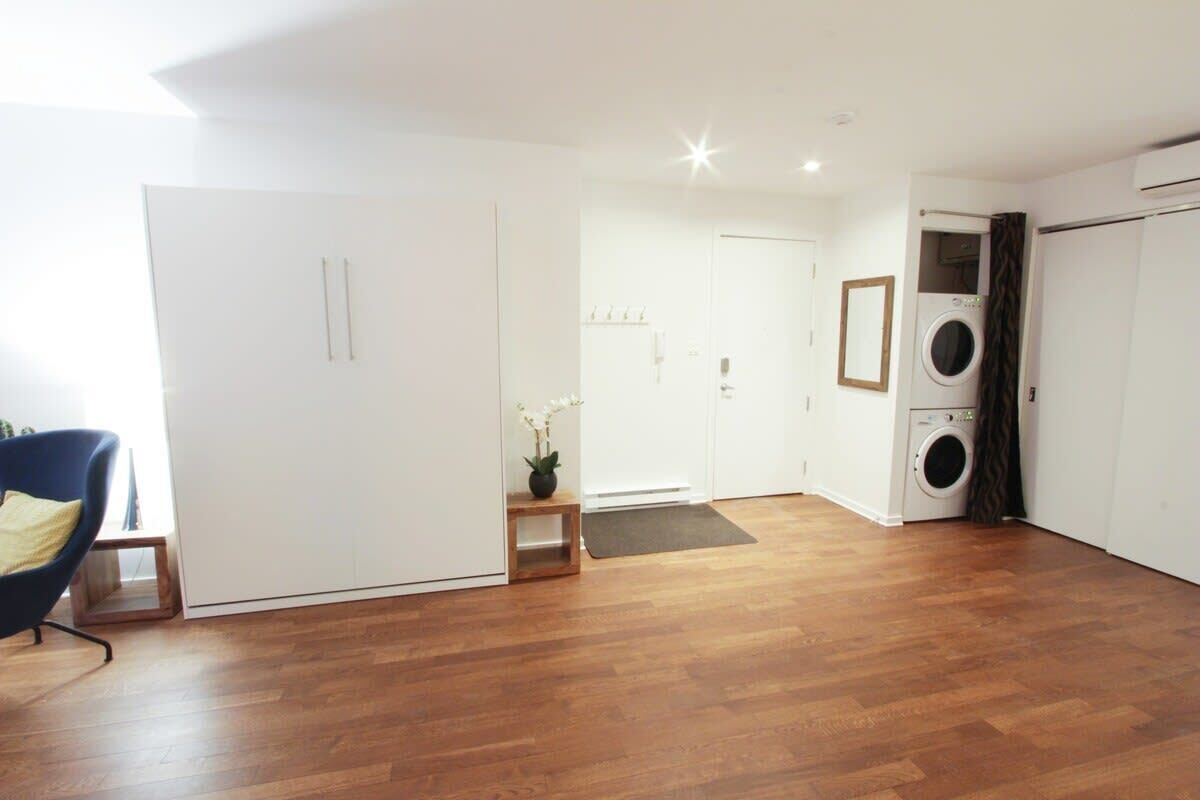 Un appartement moderne avec un plancher en bois, une chaise bleue, une petite table avec une plante, un lave-linge et une armoire.