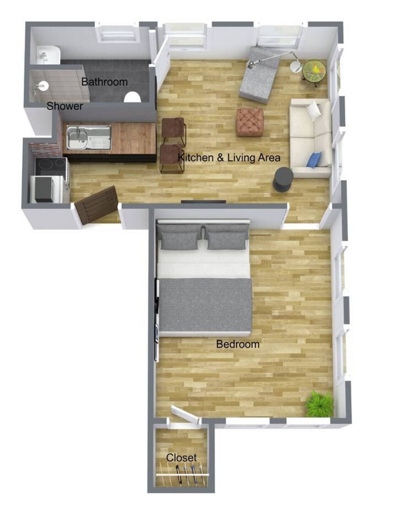 A 2-bedroom apartment layout with a bathroom, shower, kitchen, living area, and a closet.