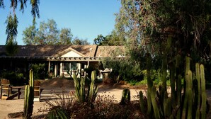 A building with a covered patio area, surrounded by cacti and desert plants. - Enjoy the RANCHO Villa Heart of Temecula Wine Country Golf Casinos Views RVC-023 (Temecula)
