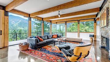 Een smart-tv, een open haard, een dvd-speler en boeken