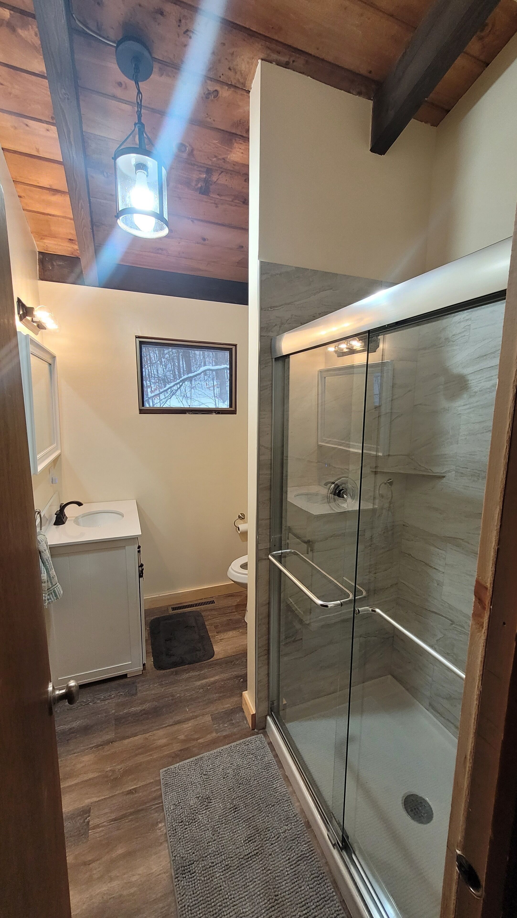 Shower, towels, soap, toilet paper
