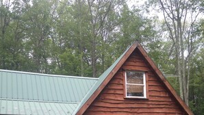 A rustic log cabin with a green metal roof, two windows, and a small porch area. - Rickett's Glen state Park!  Our cabin is only 1/2mile from the trail head. (Benton)