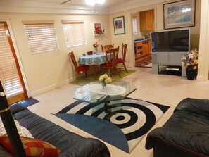 TV, DVD player, books, video library