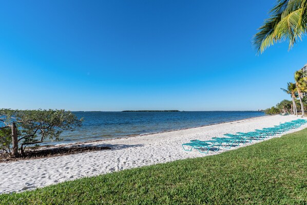 On the beach, sun-loungers, beach towels