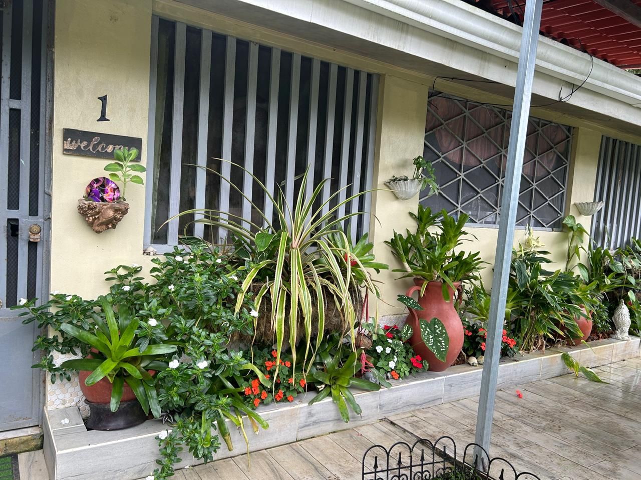 A building with a number '1' sign, a welcome sign, and a variety of potted plants and flowers in front.