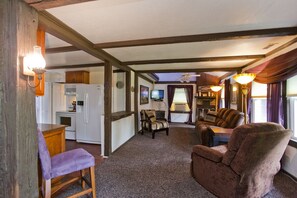 Smart TV, fireplace, DVD player, books