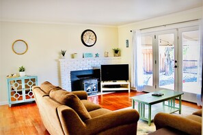 Smart TV, chimenea, reproductor de DVD y libros 